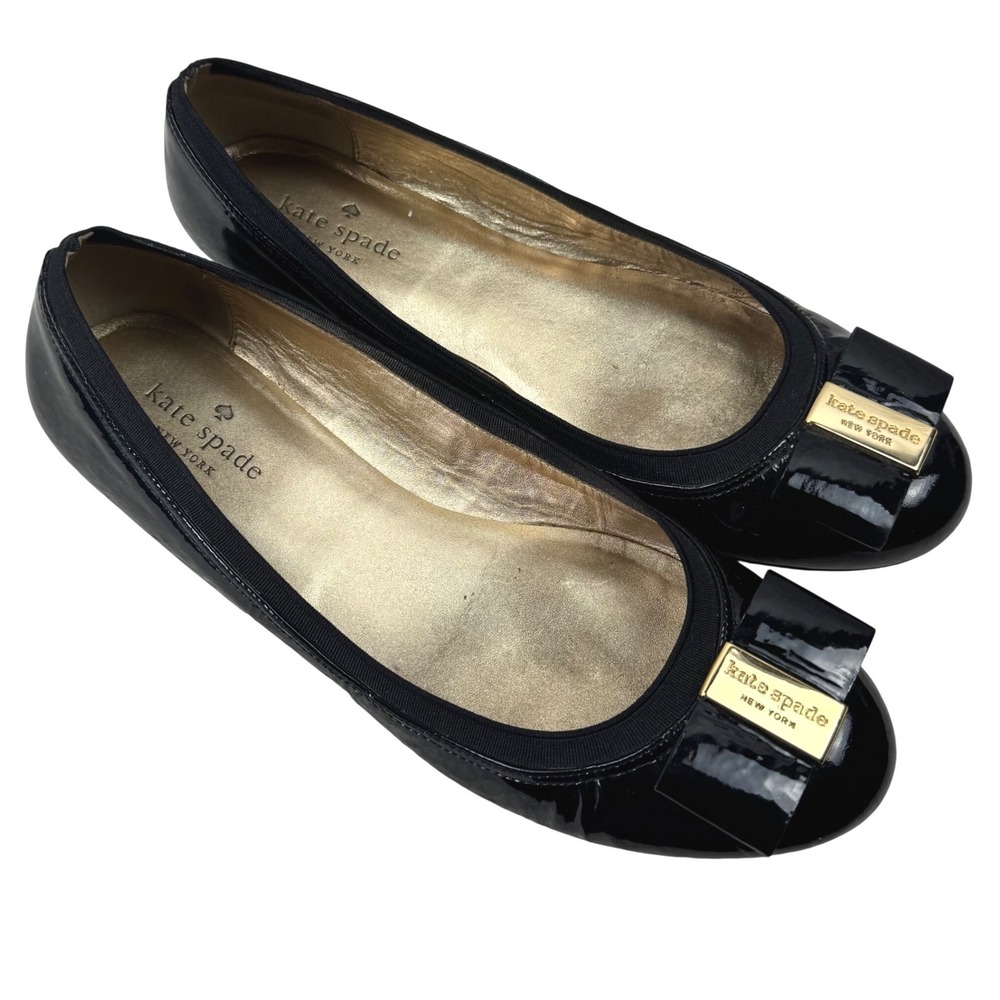 Kate Spade Ballet Flats Womens 8.5M Black Patent Leather Bow Gold Logo Designer - Picture 2 of 15